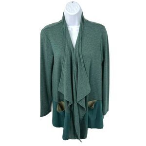 LOGO Lounge Cardigan Top Teal Faux Suede Pockets Open By Lori Goldstein